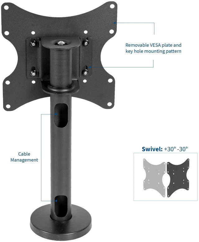 Alt view image 3 of 7 - Black Swivel Bolt-Down TV Stand for 23-43 in Screens, STAND-TV00M2 Desktop VESA Mount, Sturdy Tabletop TV Display, Max VESA 200x200mm, Holds 110 lbs