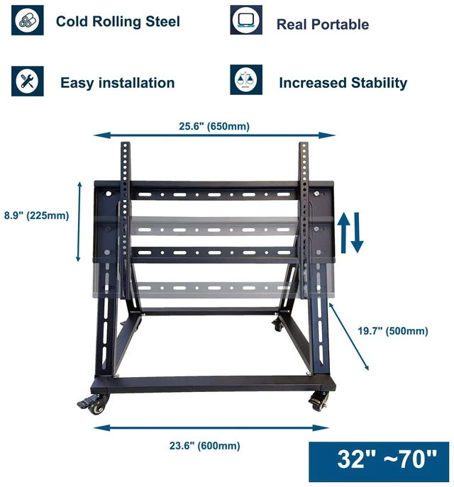 Alt view image 3 of 7 - Low Height Mobile TV Stand, Confidence Monitor Stand, Rolling TV Mount with Wheel for 32-70 inch Flat Curved Screen TV, LED LCD, 30° Adjustable Viewing Angle (Pro-Version)