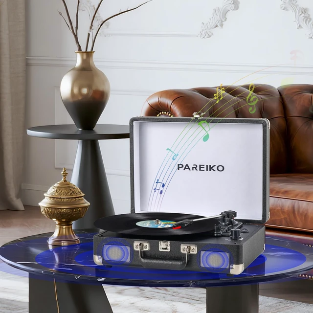 Alt view image 7 of 7 - Portable Record Player with 3 Speed Turntable Bluetooth Connectivity Built in 1800mAh Battery Retro Suitcase Design for Vinyl Music Lovers