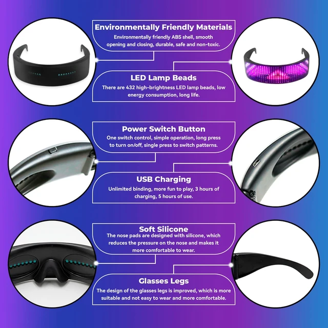 Alt view image 3 of 7 - LED Glasses,Glow Light up Glasses for Adults light up sunglasses for Party, Birthday, Halloween (432 LED beads)