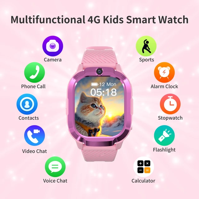 Alt view image 2 of 7 - 4G Kids Smart Watches Girls with GPS Tracker & Phone Call for Age 5-12, Kids Tracking Watch with SOS Calling, HD Video Call Voice Chat Camera Alarm Clock Flashlight Pedometer Calculator Birthday Gifts