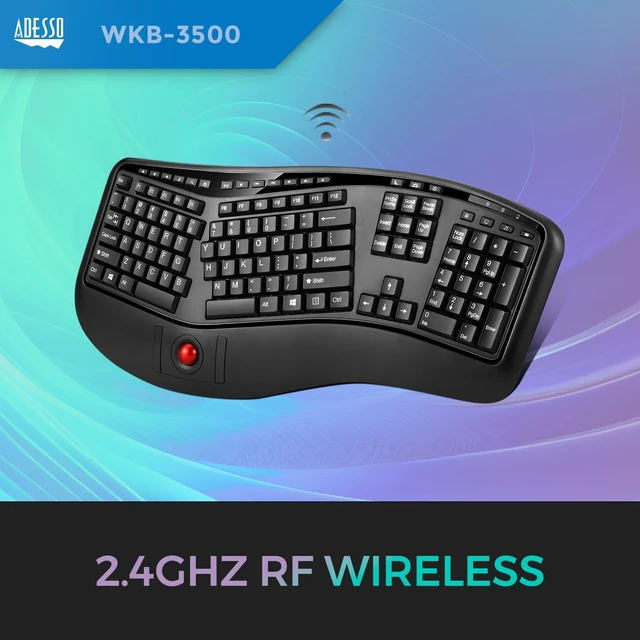 Alt view image 3 of 7 - 2 in 1 Wireless Ergonomic Keyboard, WKB-3500UB, Black Ergo, Trackball Mouse Combo Design, Wrist Rest, USB Dongle, Split Keyboard for Windows