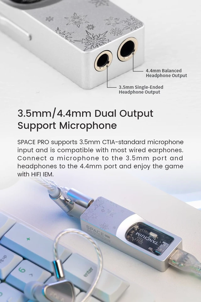 Alt view image 2 of 7 - Space PRO Gaming AMP, Portable USB DAC Support Mic&Virtual 5.1/7.1 Dual DS43198, PCM32bit/768KHz, DSD256 High-Performance dongle DAC, Gaming Sound in PC/Mobile APP, 3.5/4.4mm Output Decoder