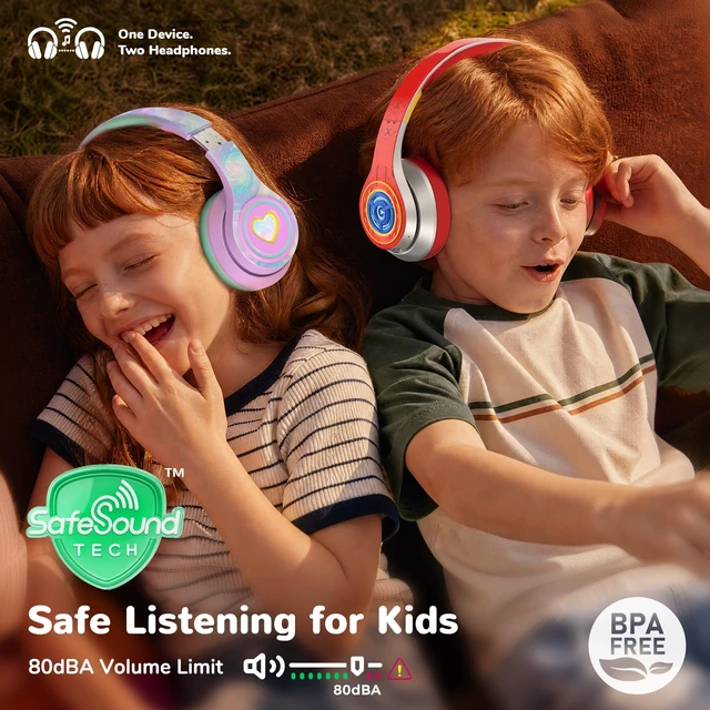 Alt view image 4 of 7 - Noise Cancelling Headphones for Kids Bluetooth 75H Play LED Lights SafeSound Tech 3.1, Bluetooth 6.0, Built-in Mic, AUX Cord, Wireless Headphones for Kids Toddler Girls Autism, Travel, Tablet