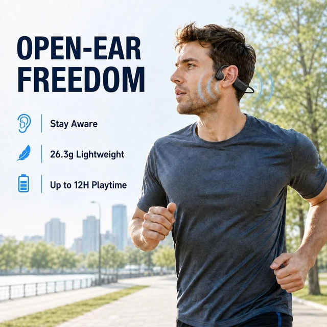 Alt view image 3 of 7 - Bone Conduction Headphones, OpenEar Bluetooth Wireless Sports Earphones IPX5 Waterproof Openear design lets you hear surroundings, lightweight secure fit for running, gym and daily commute