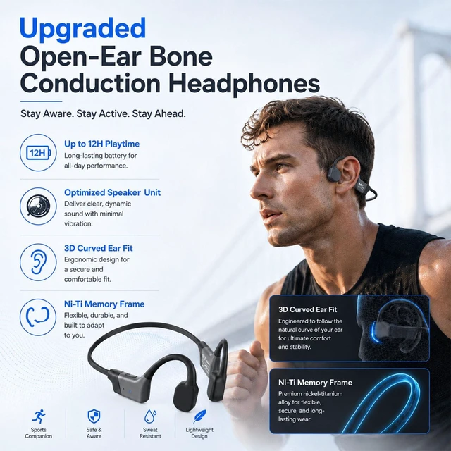 Alt view image 2 of 7 - Open-Ear Bone Conduction Headphones, 12H Playtime Running Headphone IPX6 Waterproof, 25.5g Lightweight, Secure Fit; Wireless Earphones with Clear Sound for Workouts/Cycling/Hiking