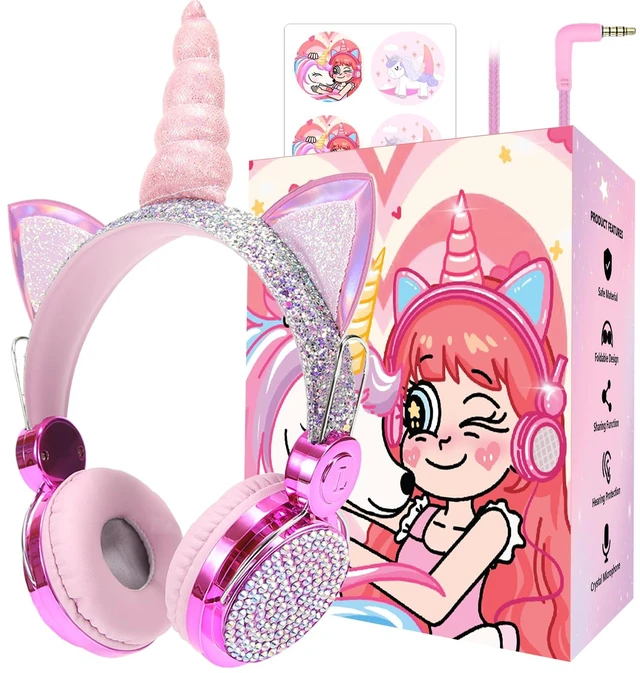 Main image of Kids Unicorns Headphones with Mic for School/Travel,95dB Volume Limited,Shareport,On/Over Ear Wired Headsets with Nylon Cable-Purple