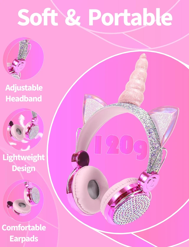 Alt view image 2 of 7 - Kids Unicorns Headphones with Mic for School/Travel,95dB Volume Limited,Shareport,On/Over Ear Wired Headsets with Nylon Cable-Purple