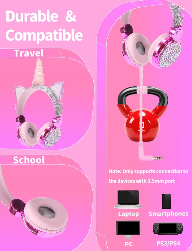 Alt view image 3 of 7 - Kids Unicorns Headphones with Mic for School/Travel,95dB Volume Limited,Shareport,On/Over Ear Wired Headsets with Nylon Cable-Purple
