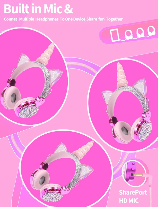 Alt view image 4 of 7 - Kids Unicorns Headphones with Mic for School/Travel,95dB Volume Limited,Shareport,On/Over Ear Wired Headsets with Nylon Cable-Purple