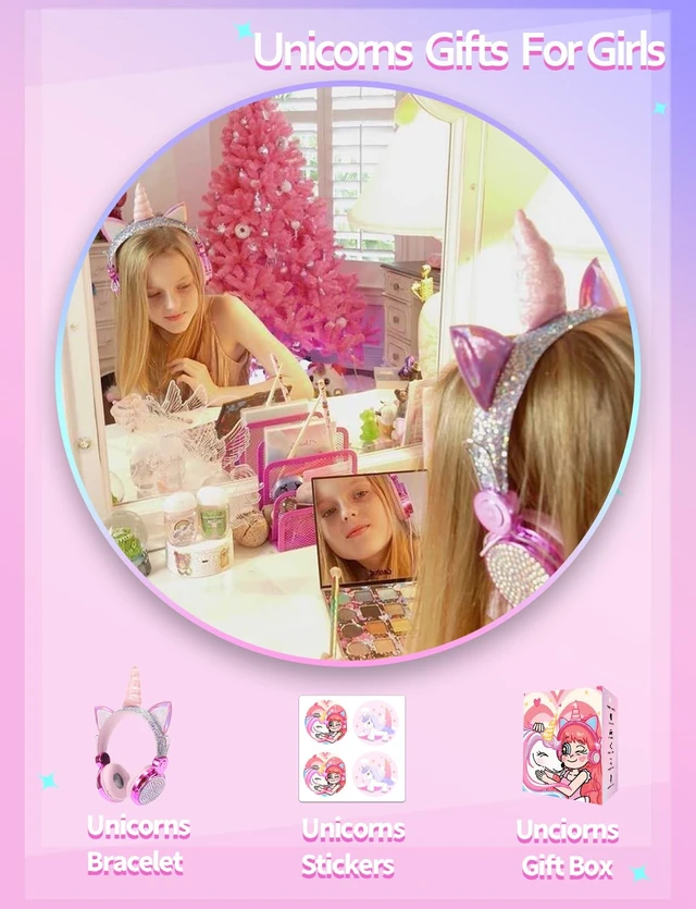 Alt view image 6 of 7 - Kids Unicorns Headphones with Mic for School/Travel,95dB Volume Limited,Shareport,On/Over Ear Wired Headsets with Nylon Cable-Purple