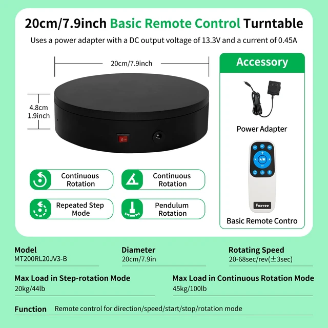 Alt view image 2 of 7 - Remote-Controlled Motorized Turntable,Motorized Rotating Display Stand,Speed-Adjustable Rotating Platform,Multi-Mode 360° Photography Turntable for 3D Scan,Photography,Showcase(7.87inch/Black)