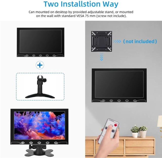Alt view image 4 of 6 - 10.1 Inch Small Monitor, Raspberry Pi Screen Built-in Speakers, Mini Display 1024 x 600, 60 Hz, 5ms, IPS Screen Display w/Remote Control, HDMI VGA AV BNC Input, Computer Monitor