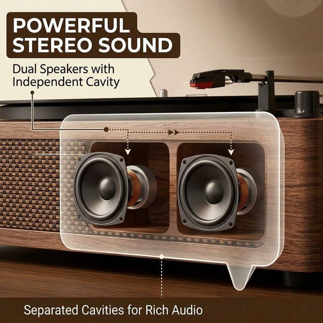 Alt view image 3 of 7 - Vinyl Record Player with Bluetooth & Built-in Stereo Speakers, 3-Speed Belt-Drive Turntable with Vinyl Recording to USB/TF Card, Auto Stop, AUX & RCA Out, Vintage Walnut