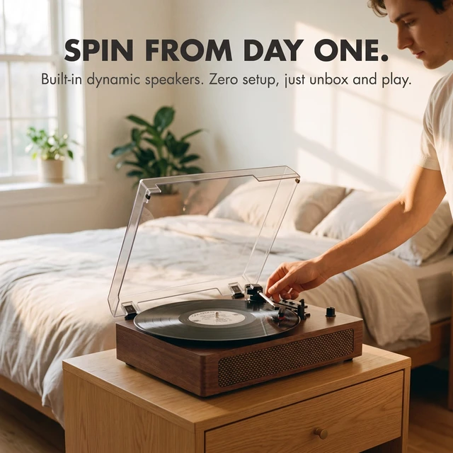 Alt view image 2 of 7 - Vinyl Record Player with Bluetooth & Built-in Stereo Speakers, 3-Speed Belt-Drive Turntable with Vinyl Recording to USB/TF Card, Auto Stop, AUX & RCA Out, Vintage Walnut