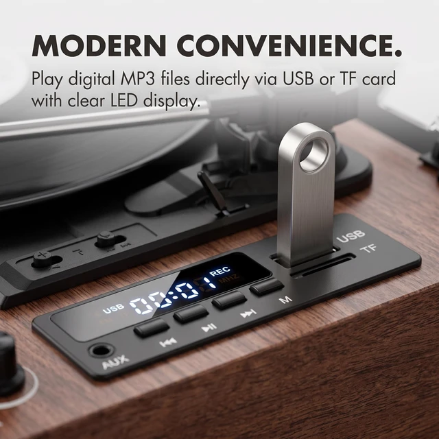 Alt view image 4 of 7 - Vinyl Record Player with Bluetooth & Built-in Stereo Speakers, 3-Speed Belt-Drive Turntable with Vinyl Recording to USB/TF Card, Auto Stop, AUX & RCA Out, Vintage Walnut