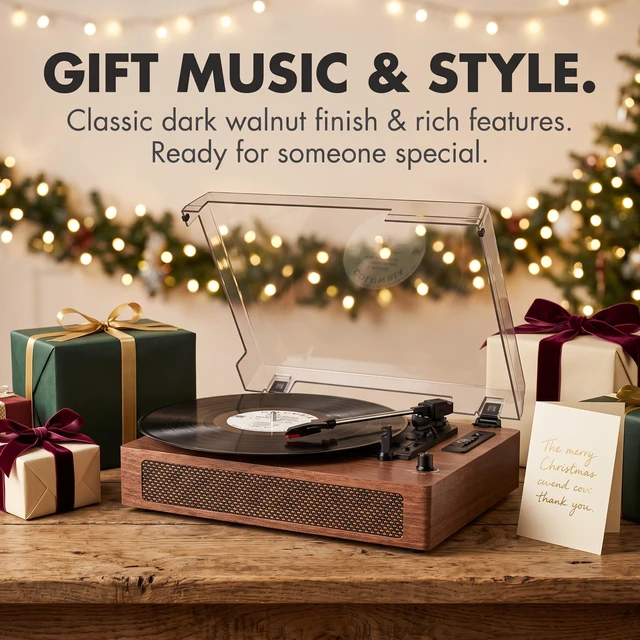 Alt view image 7 of 7 - Vinyl Record Player with Bluetooth & Built-in Stereo Speakers, 3-Speed Belt-Drive Turntable with Vinyl Recording to USB/TF Card, Auto Stop, AUX & RCA Out, Vintage Walnut