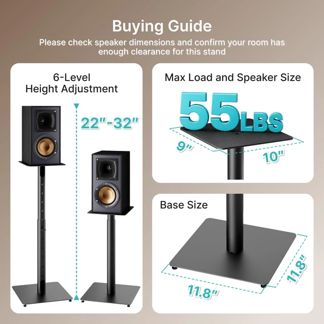Alt view image 6 of 7 - 22-32 Speaker Stand Pair for Surround Sound,Holds 55 LBS,Metal Base Cable Management, 11.8 inch Square Base, 9*10-inch Metal Top Panel, Two Feet Avaliable, Height Adjustable from 22" to 32"