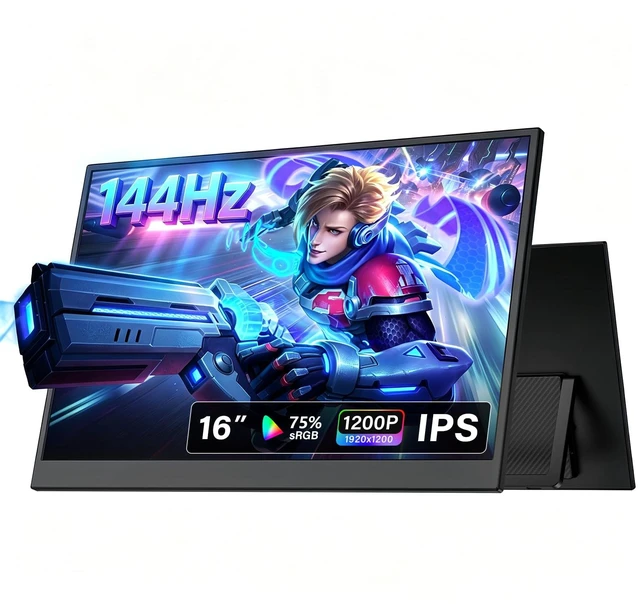 Main image of 16 Inch Portable Mobile Monitor 144Hz USB-C, 120Hz HDMI, 1200P IPS Kickstand Travel Monitor for Laptop MacBook PC Xbox PS4/5 Gaming Monitor, Built-in Speakers