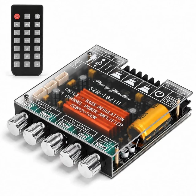 Main image of TB21H 2.1 Channel Bluetooth 5.1 Amplifier 50W x2 + 100WTPA3116D2 USB, AUX, FM and Bluetooth inputs with IR remote, 5-knob tuning and independent subwoofer frequency and volume control