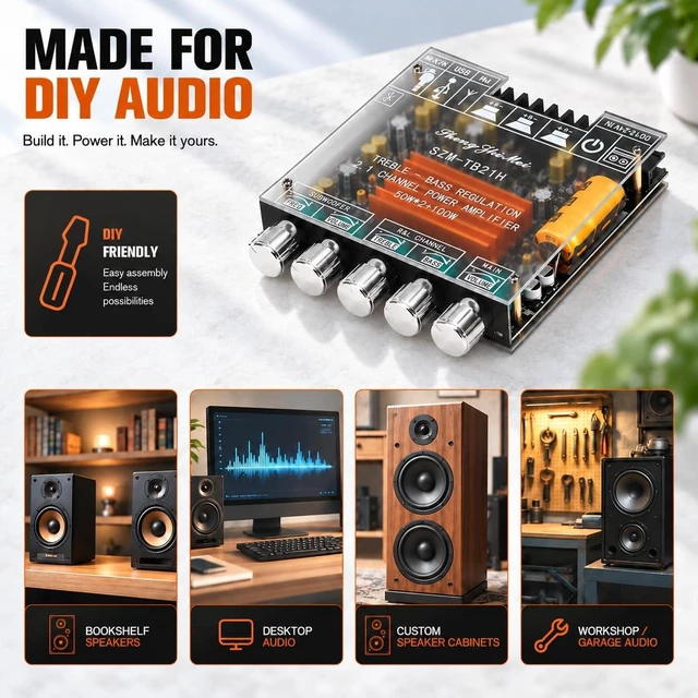 Alt view image 5 of 7 - TB21H 2.1 Channel Bluetooth 5.1 Amplifier 50W x2 + 100WTPA3116D2 USB, AUX, FM and Bluetooth inputs with IR remote, 5-knob tuning and independent subwoofer frequency and volume control