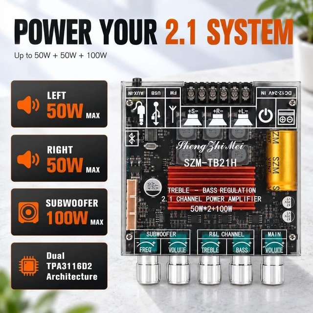 Alt view image 6 of 7 - TB21H 2.1 Channel Bluetooth 5.1 Amplifier 50W x2 + 100WTPA3116D2 USB, AUX, FM and Bluetooth inputs with IR remote, 5-knob tuning and independent subwoofer frequency and volume control