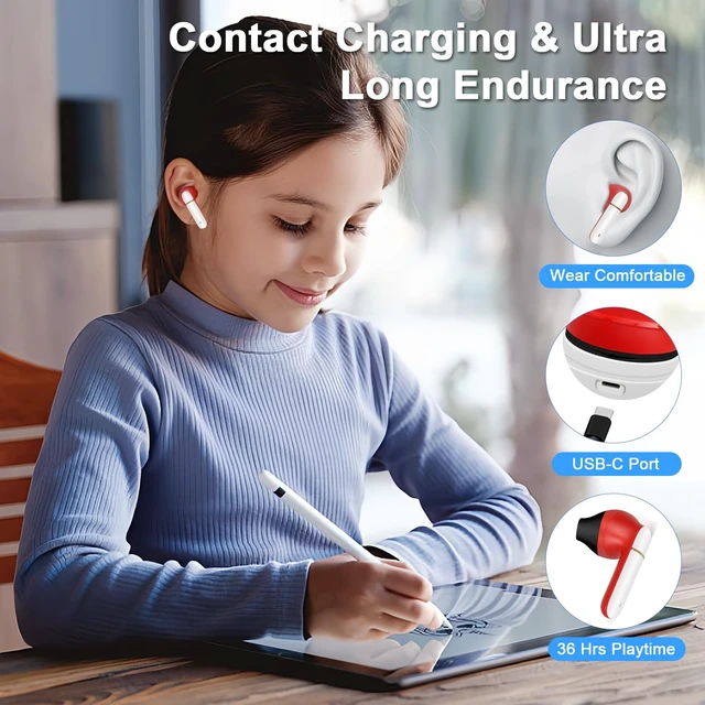 Alt view image 3 of 7 - Wireless Earbuds for Kids,Comfortable Wireless Earphones Fit Ergonomic Design Ball Shape Ear Buds with Mic for Android iOS Cell Phone Computer Laptop