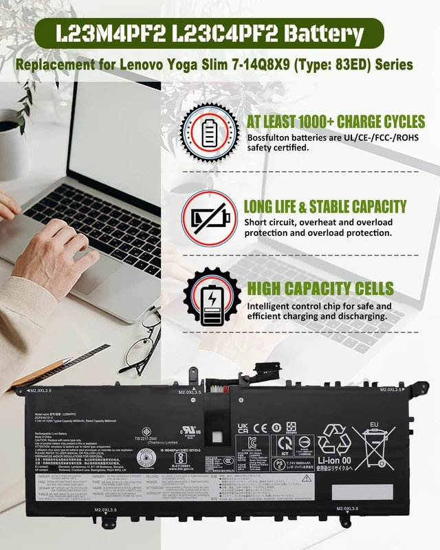 Alt view image 2 of 6 - 70Wh L23M4PF2 L23C4PF2 Battery for Lenovo Yoga Slim 7 14Q8X9 (Type 83ED) For Parts Number SB11N42052 5B11N42051 SB11N42050 5B11N42049 - 9050mAh 7.74