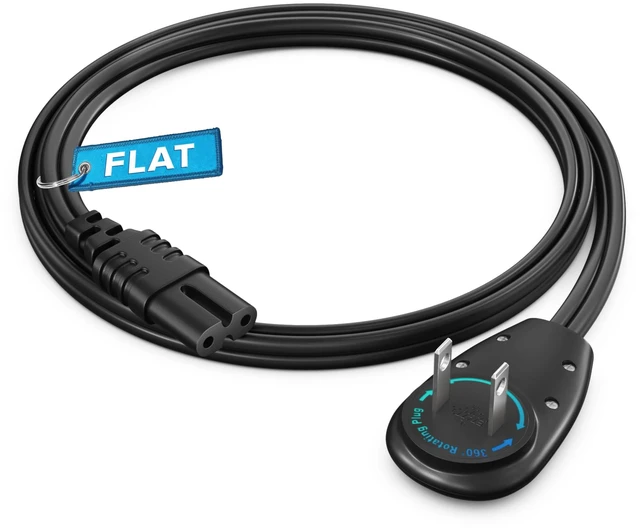 Main image of TV Power Cord 2 Ft, 2-Prong IEC C7, Black, 360 Rotating Flat Plug, UL Works with gaming consoles, speakers, printers, and all IEC C7-compatible electronics