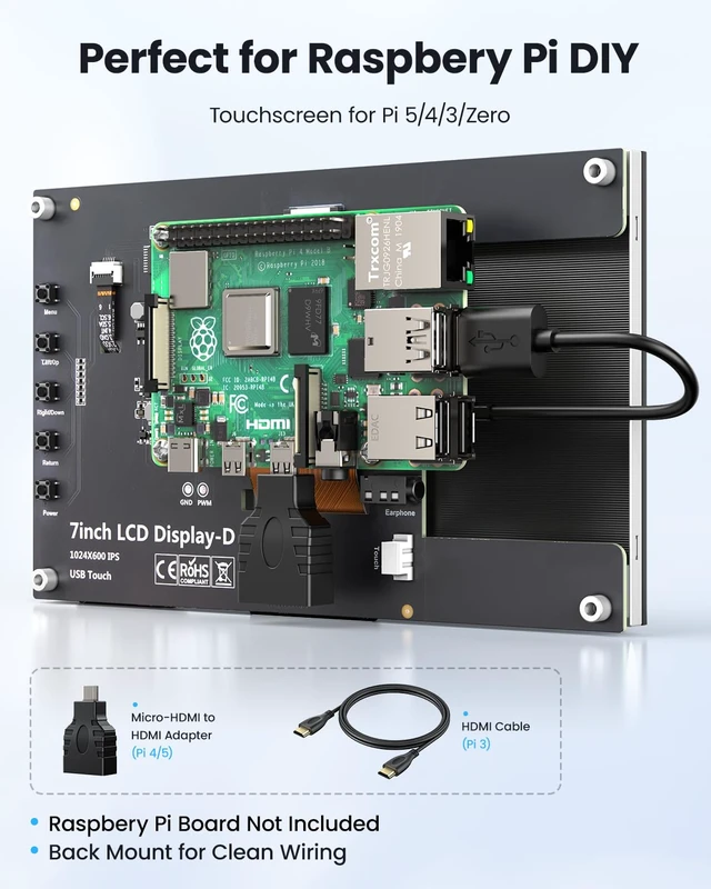 Alt view image 2 of 7 - 7" Screen for Raspberry Pi, 1024×600 IPS Touch HDMI Monitor 5-Point Touchscreen, Plug & Play, Micro-HDMI Adapter Included, Driver-Free Setup, Detachable Stand, PC Sensor Panel Ready
