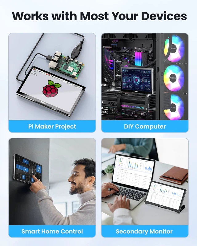 Alt view image 6 of 7 - 7" Screen for Raspberry Pi, 1024×600 IPS Touch HDMI Monitor 5-Point Touchscreen, Plug & Play, Micro-HDMI Adapter Included, Driver-Free Setup, Detachable Stand, PC Sensor Panel Ready