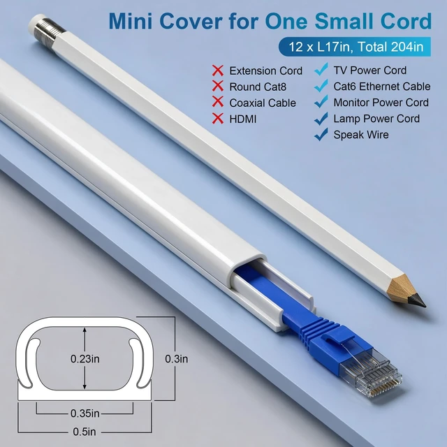 Alt view image 2 of 6 - 204" White Cord Cover for 1 Wire, Mini Size, 0.5" W x 0.3" H Fits 1 Cat6 Cable, Ideal for Door Frame Corners, Low-Profile Design Blends In, 12 Pack (17" Each), Self-Adhesive, Paintable