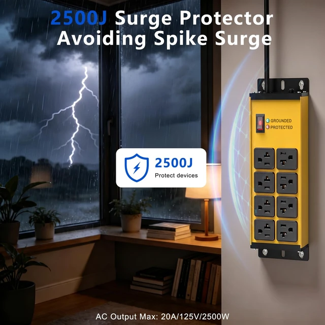 Alt view image 2 of 7 - 20 Amp Heavy Duty Power Strip 12 Gauge Surge Protector, 6FT 2500W Extension Cord with Multiple Outlets,8 Outlets Wall Mount for Garage, Workshop, IndustrialShop,2500J