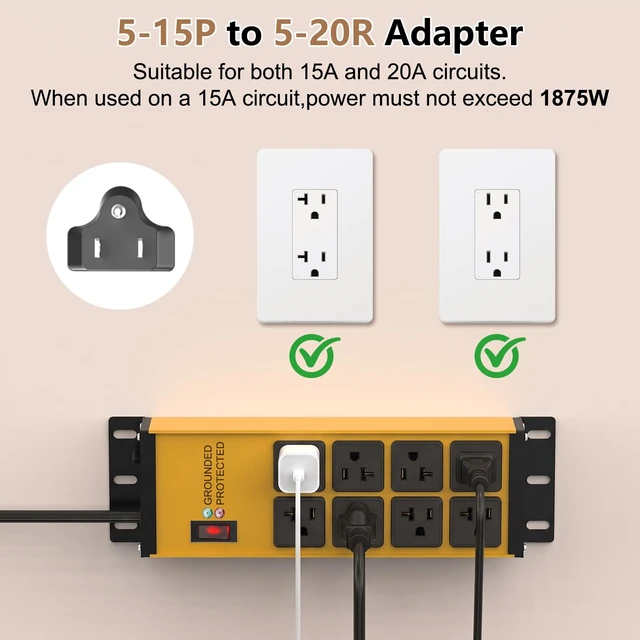 Alt view image 3 of 7 - 20 Amp Heavy Duty Power Strip 12 Gauge Surge Protector, 6FT 2500W Extension Cord with Multiple Outlets,8 Outlets Wall Mount for Garage, Workshop, IndustrialShop,2500J
