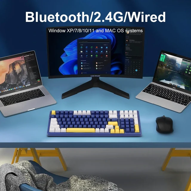 Alt view image 3 of 7 - Wireless Mechanical Keyboard, Triple Mode 2.4G/USB-C/BT Gaming Keyboards 100 Keys Ice-Blue Backlit, Brown Switch Keyboard Rechargeable Mechanical Gaming Keyboards Blue/White/Yellow