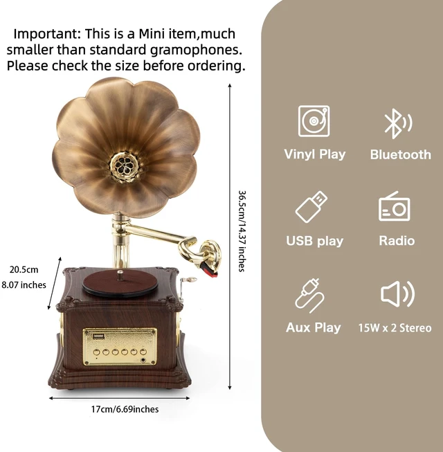 Alt view image 2 of 6 - Mini Gramophone Vintage Copper Horn Record Player with Bluetooth, USB, AUX, FM Radio and Built-in Speakers for Gift Home Decor