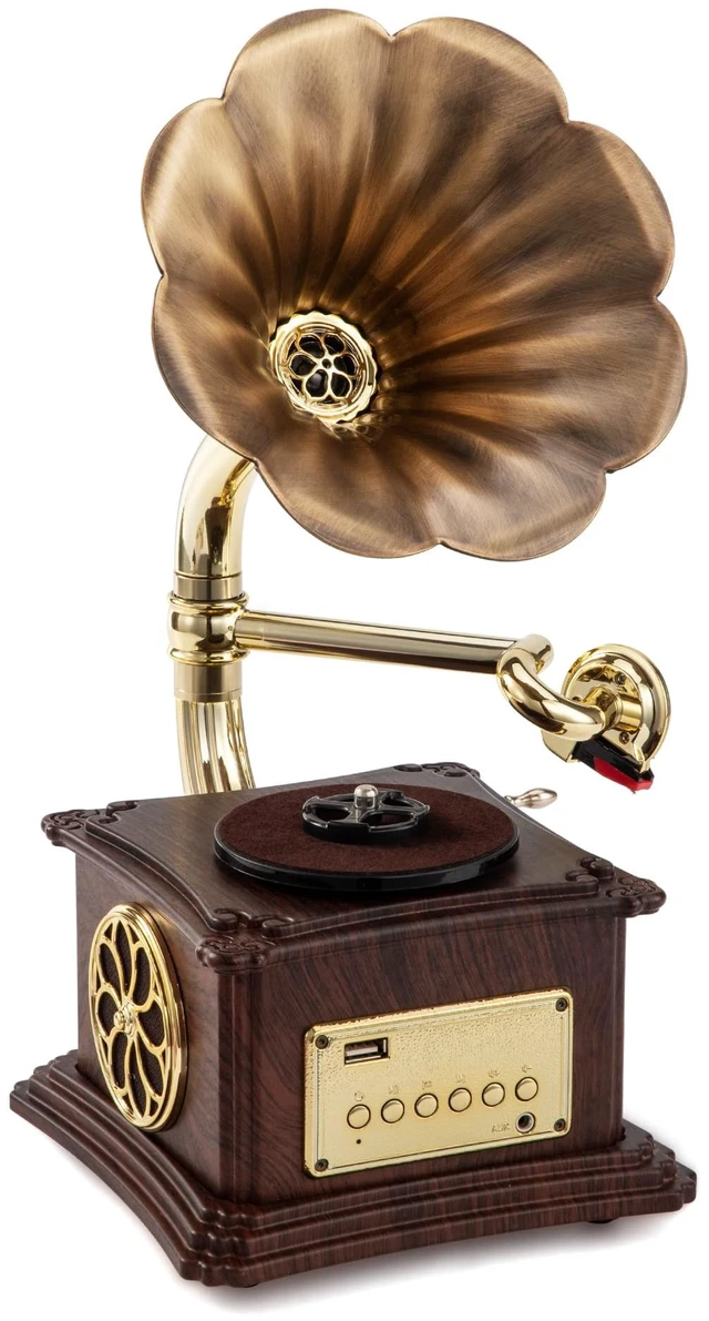 Main image of Mini Gramophone Vintage Copper Horn Record Player with Bluetooth, USB, AUX, FM Radio and Built-in Speakers for Gift Home Decor