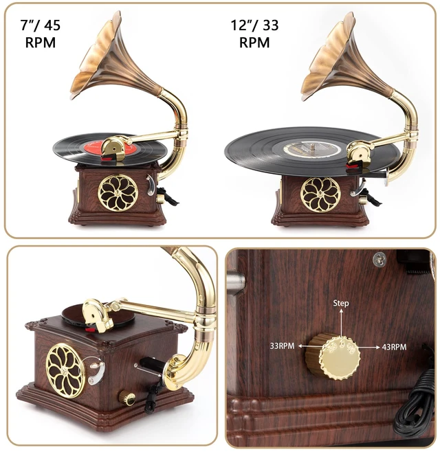 Alt view image 3 of 6 - Mini Gramophone Vintage Copper Horn Record Player with Bluetooth, USB, AUX, FM Radio and Built-in Speakers for Gift Home Decor