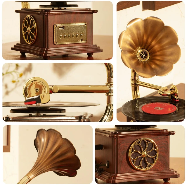 Alt view image 4 of 6 - Mini Gramophone Vintage Copper Horn Record Player with Bluetooth, USB, AUX, FM Radio and Built-in Speakers for Gift Home Decor