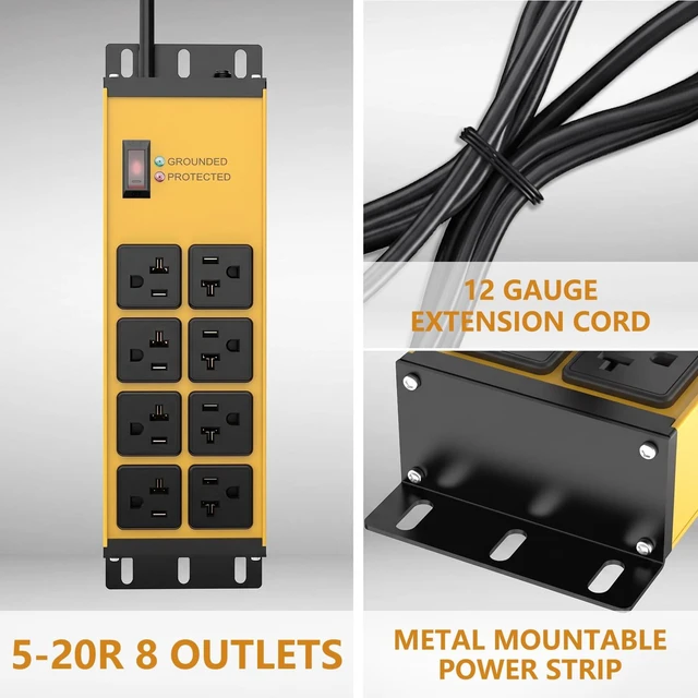 Alt view image 6 of 7 - 20 Amp Heavy Duty Power Strip 12 Gauge Surge Protector, 6FT 2500W Extension Cord with Multiple Outlets,8 Outlets Wall Mount for Garage, Workshop, IndustrialShop,2500J