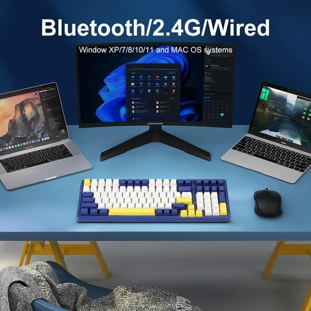 Alt view image 3 of 7 - Wireless Mechanical Keyboard, Triple Mode 2.4G/USB-C/BT Gaming Keyboards 100 Keys Ice-Blue Backlit, Red Switch Keyboard Rechargeable Mechanical Gaming Keyboards Blue/White/Yellow