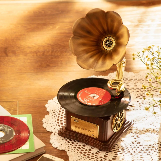 Alt view image 5 of 6 - Mini Gramophone Vintage Copper Horn Record Player with Bluetooth, USB, AUX, FM Radio and Built-in Speakers for Gift Home Decor