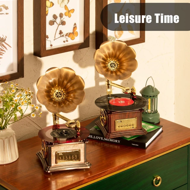 Alt view image 6 of 6 - Mini Gramophone Vintage Copper Horn Record Player with Bluetooth, USB, AUX, FM Radio and Built-in Speakers for Gift Home Decor