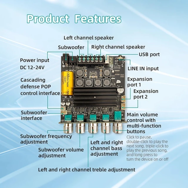Alt view image 3 of 7 - ZK-TB21 Pro 2.1 CH 50WX2+145W AMP TPA3116 Bluetooth Audio Amplifier Board ZK-TB21 Pro DC12-24V BT 5.1 8A BT/AUX/USB Input Power Amplifier with Treble and Bass Control,for DIY Wireless Speakers Board