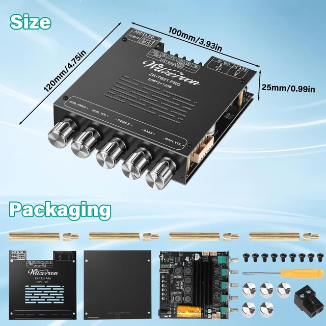 Alt view image 5 of 7 - ZK-TB21 Pro 2.1 CH 50WX2+145W AMP TPA3116 Bluetooth Audio Amplifier Board ZK-TB21 Pro DC12-24V BT 5.1 8A BT/AUX/USB Input Power Amplifier with Treble and Bass Control,for DIY Wireless Speakers Board