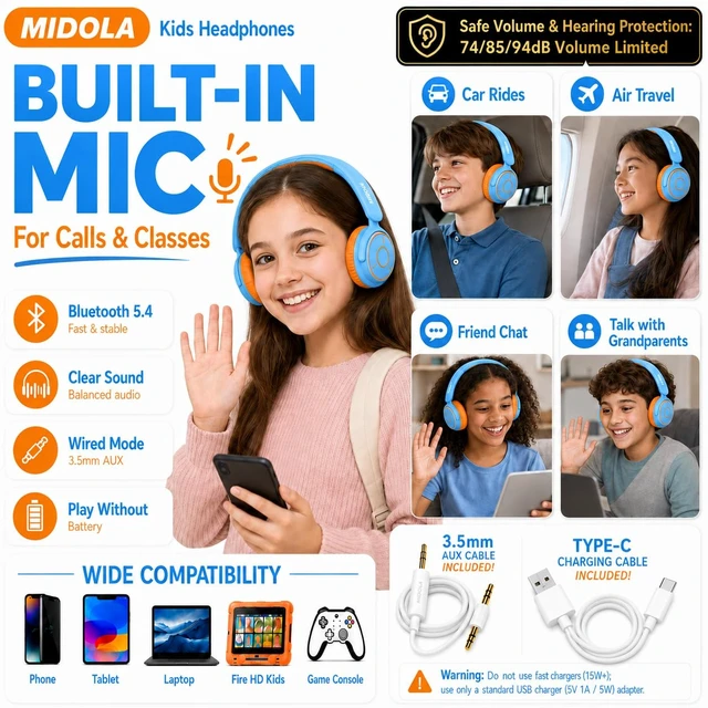 Alt view image 4 of 7 - Kids Bluetooth Headphones Wireless Over-Ear,68Hrs,Volume Limit 85/94dB Sky Built-in Mic,Adjustable Headband Foldable Lightweight for Toddler School Girls Boys,Stereo Sound,Wired by Aux 3.5mm Blue