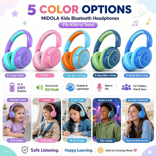Alt view image 5 of 7 - Kids Bluetooth Headphones Wireless Over-Ear,68Hrs,Volume Limit 85/94dB Sky Built-in Mic,Adjustable Headband Foldable Lightweight for Toddler School Girls Boys,Stereo Sound,Wired by Aux 3.5mm Blue