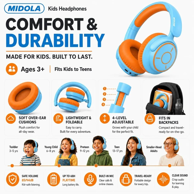 Alt view image 7 of 7 - Kids Bluetooth Headphones Wireless Over-Ear,68Hrs,Volume Limit 85/94dB Sky Built-in Mic,Adjustable Headband Foldable Lightweight for Toddler School Girls Boys,Stereo Sound,Wired by Aux 3.5mm Blue