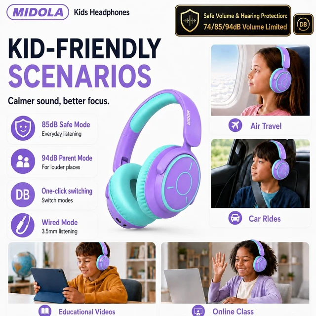 Alt view image 3 of 7 - Kids Bluetooth Headphones Wireless Over-Ear,68Hrs,Volume Limit 85/94dB PP Built-in Mic,Adjustable Headband Foldable Lightweight for Toddler School Girls Boys,Stereo Sound,Wired by Aux 3.5mm Purple