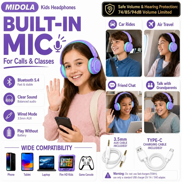 Alt view image 4 of 7 - Kids Bluetooth Headphones Wireless Over-Ear,68Hrs,Volume Limit 85/94dB PP Built-in Mic,Adjustable Headband Foldable Lightweight for Toddler School Girls Boys,Stereo Sound,Wired by Aux 3.5mm Purple